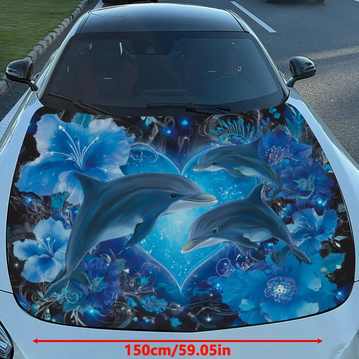 Blue Flower Fantasy Dolphins Heart Journey Car Vinyl Wrap, PVC Material Waterproof Car Hood Sticker, Self-Adhesive Scratch-Resis