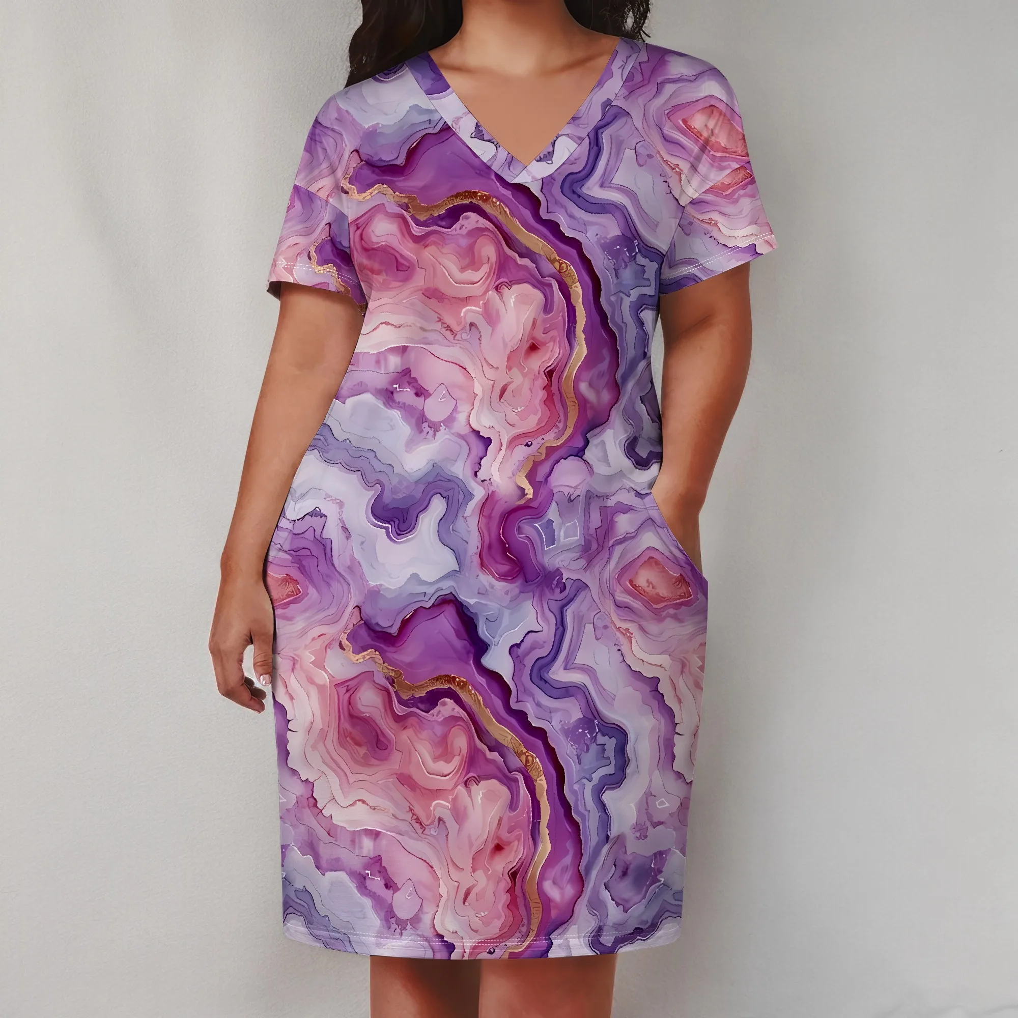 Plus Size V Neck Short Sleeve Dress for Women Geometric Marble Print Casual Summer Midi Dress