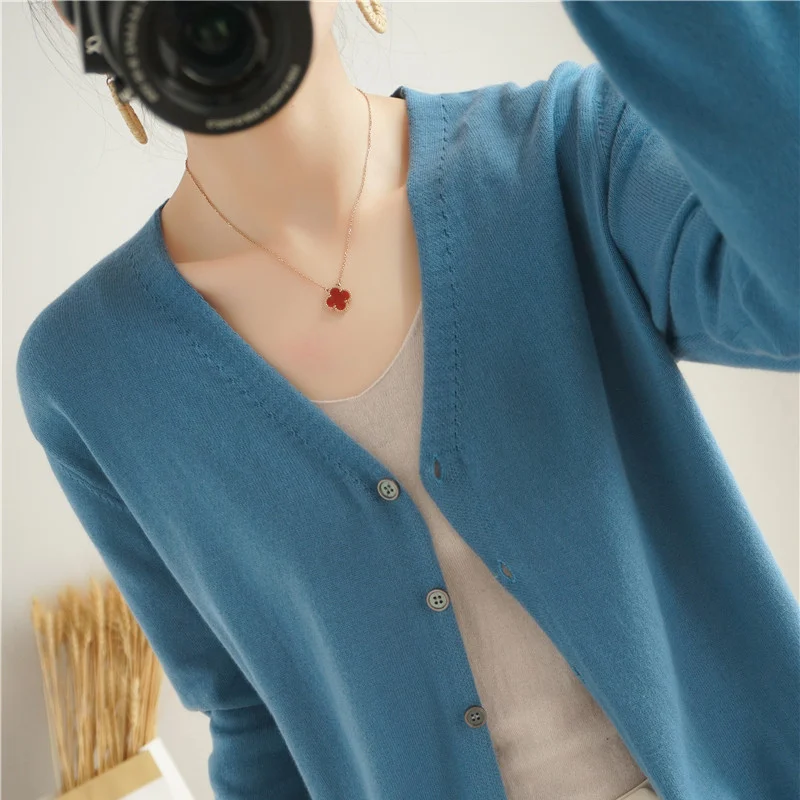 2025 Autumn/Winter Women\'s V-neck Knitted Sweater 100% Long Staple Cotton Cardigan Basic Classic Comfortable Soft Versatile Top