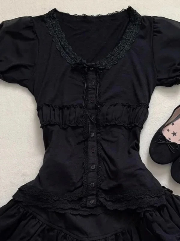 Robes 2 pièces t-shirt dentelle croix Goth Grunge robe de soirée femmes Punk robe d'été Y2k 2000s douce fille taille haute jupe courte