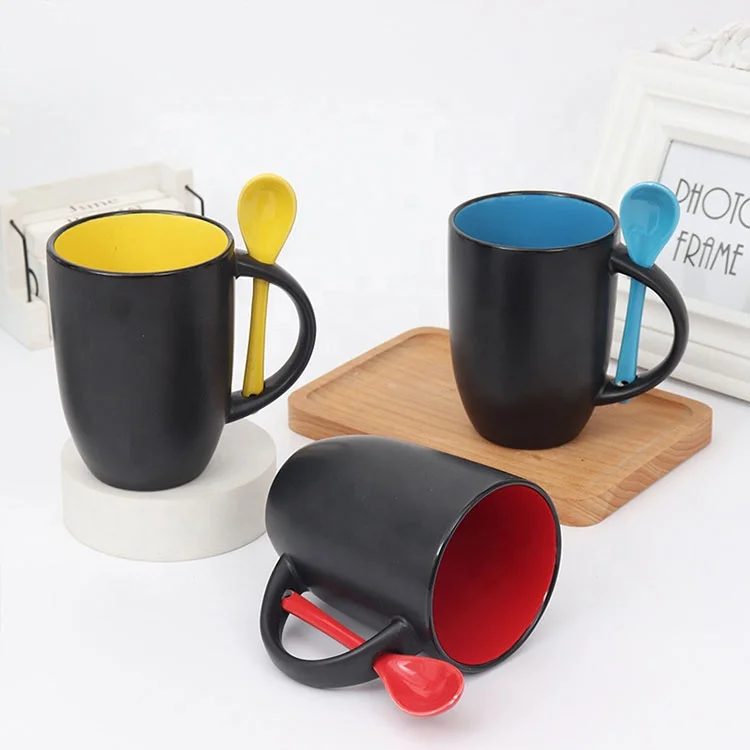 wholesale 500 ml 11 12 15 16 oz matt black outside and colorful inside colorful reactive glazed ceramic mugs