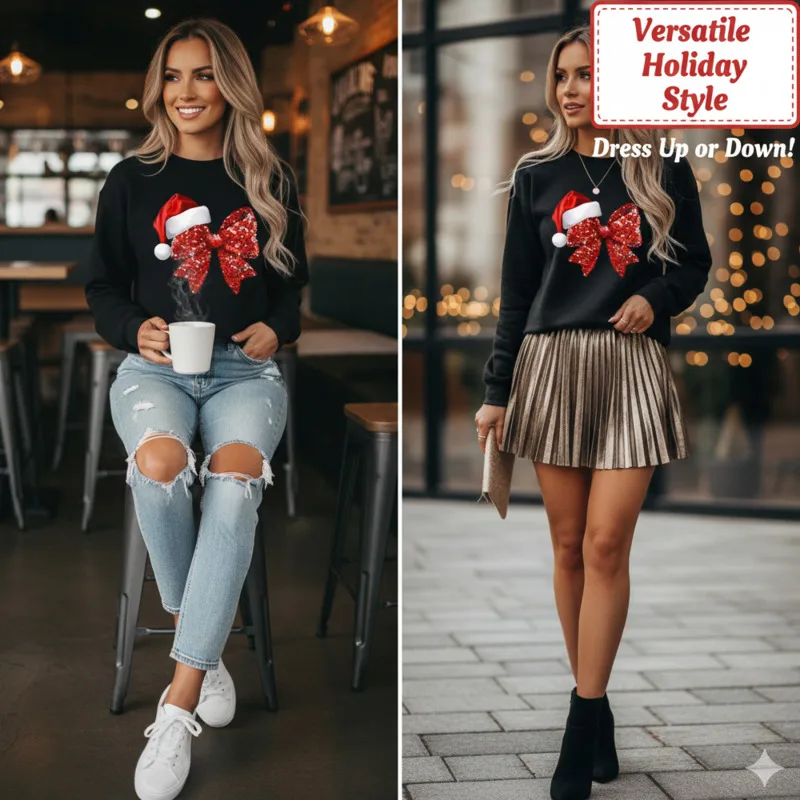 Christmas Tee Santa Christmas Bow Print T-Shirt Women European Style Loose Sweatshirt Hat Graphic Short Sleeve Top Men Women New