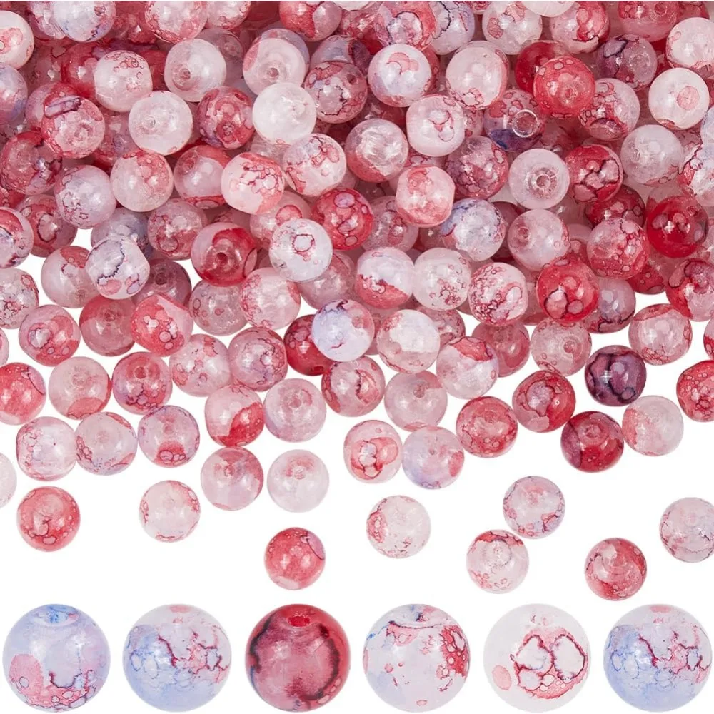 309Pcs 3 Strands Crack Glass Beads 8mm Crackle Bead Bulk Red Blue Flower Printed Floral Pattern Loose Spacer Mini Beads