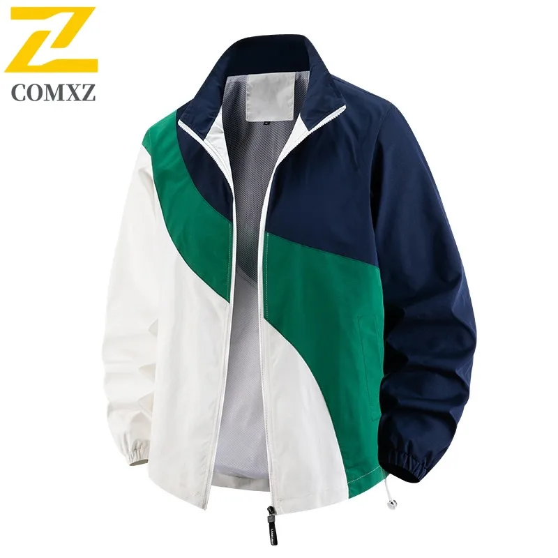 COMXZ 2025 Outdoor Color Block Couple Hooded Work Jacket Waterproof Sport Casual Long Sleeve Windbreaker Unisex Waterproof Coat