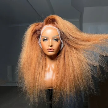 180 밀도 부드러운 옴브레 금발 야키 킨키 스트레이트 롱 레이스 프론트 가발, 흑인 여성 아기 머리, 미리 뽑은 접착제 없는 데일리 가발, 26 인치