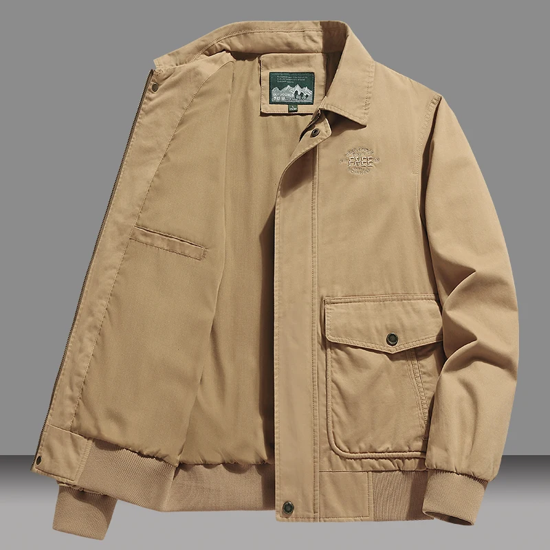 High-Quality DesignBomber Jackets Men's 100% Cotton Lapel Windproof Coat Male Hiking Outdoor Camping Multi-Pocket Work Jacket