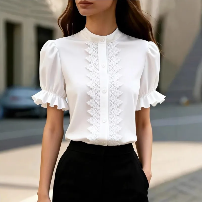 

Элегантная винтажная женская блузка с кружевными вставками, летняя, с коротким рукавом, ажурная, полупрозрачная, свободного кроя, топ для женщин