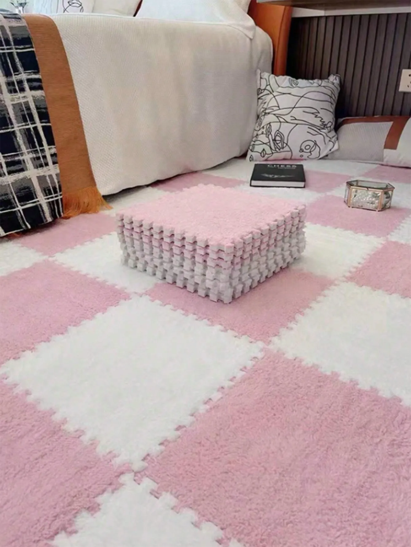 3/6/12Pcs Pink Plush Interlocking Foam Floor Mat,Anti Hair Loss Washable Non‑Slip Fluffy Square Carpet Tiles for Baby Toddler Bedroom Living Room Kindergarten Indoor Home Decor
