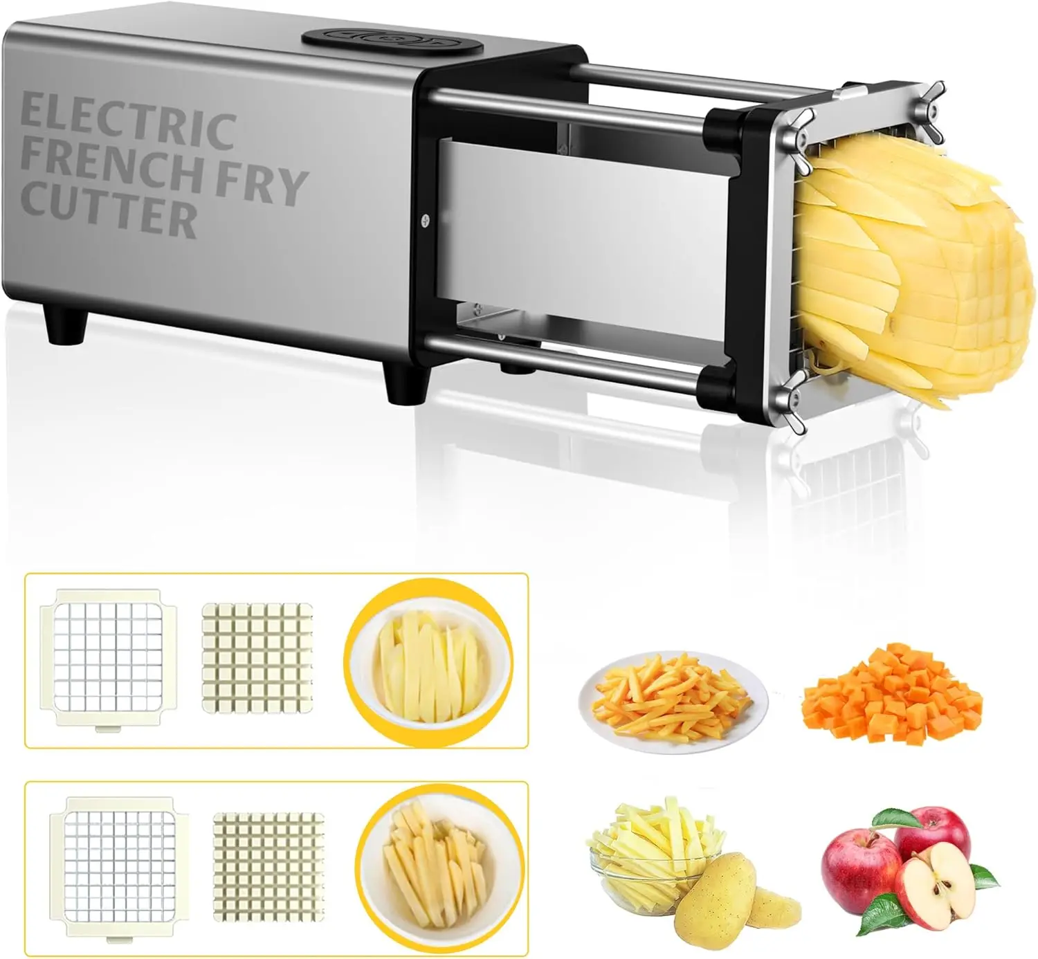

Electric French Fry Cutter with Stainless Steel Blades, 1/2 & 3/8 Inch Sizes for Potatoes and Vegetables