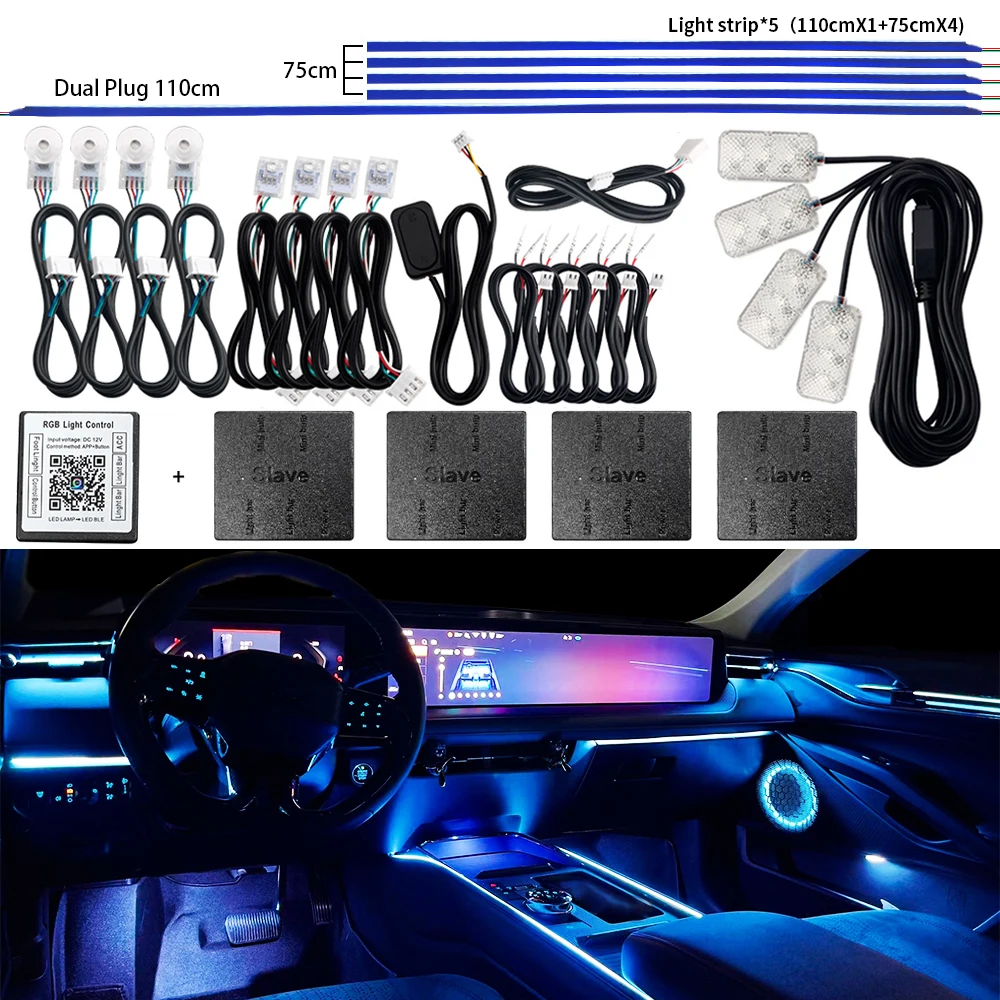 

18 в 1 Автомобильный светодиодный рассеянный свет RGB 64 цвета Скрытая акриловая полоса Новейший универсальный интерьерный неоновый декор Комплект атмосферной лампы с управлением через приложение