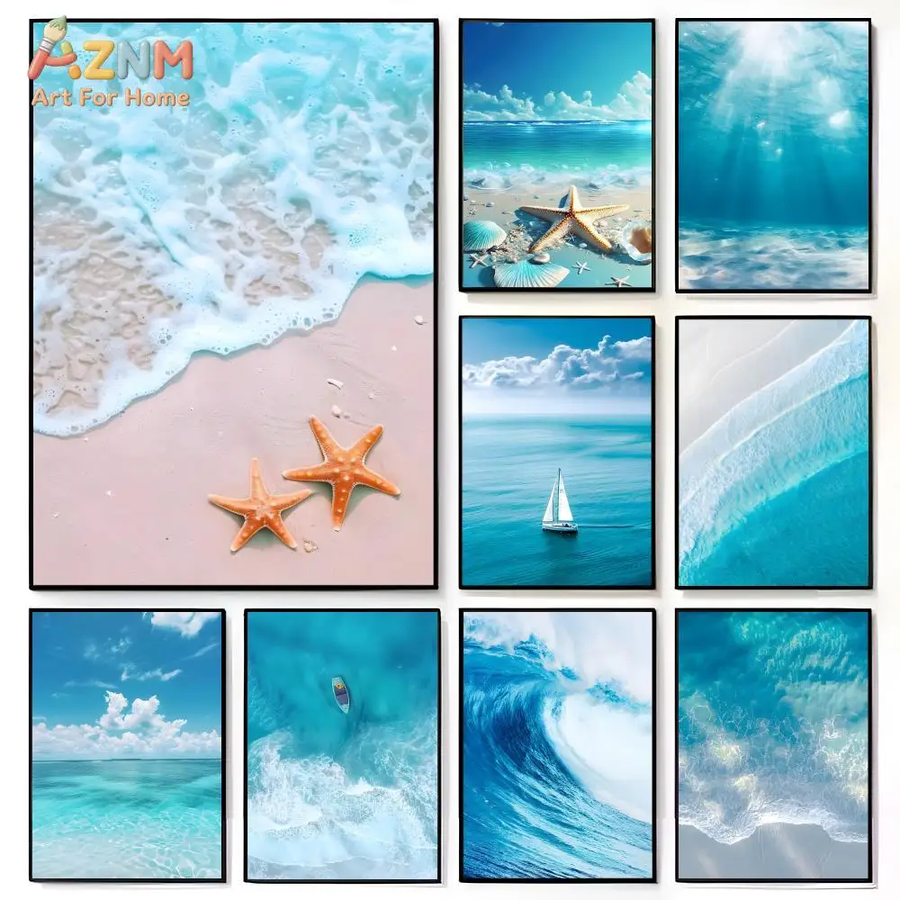 AZNM Light Blue Ocean Beach Starfish Sailboat Wave Underwater Scenery Canvas Print Minimalist Coastal Wall Art Unframed Canvas P
