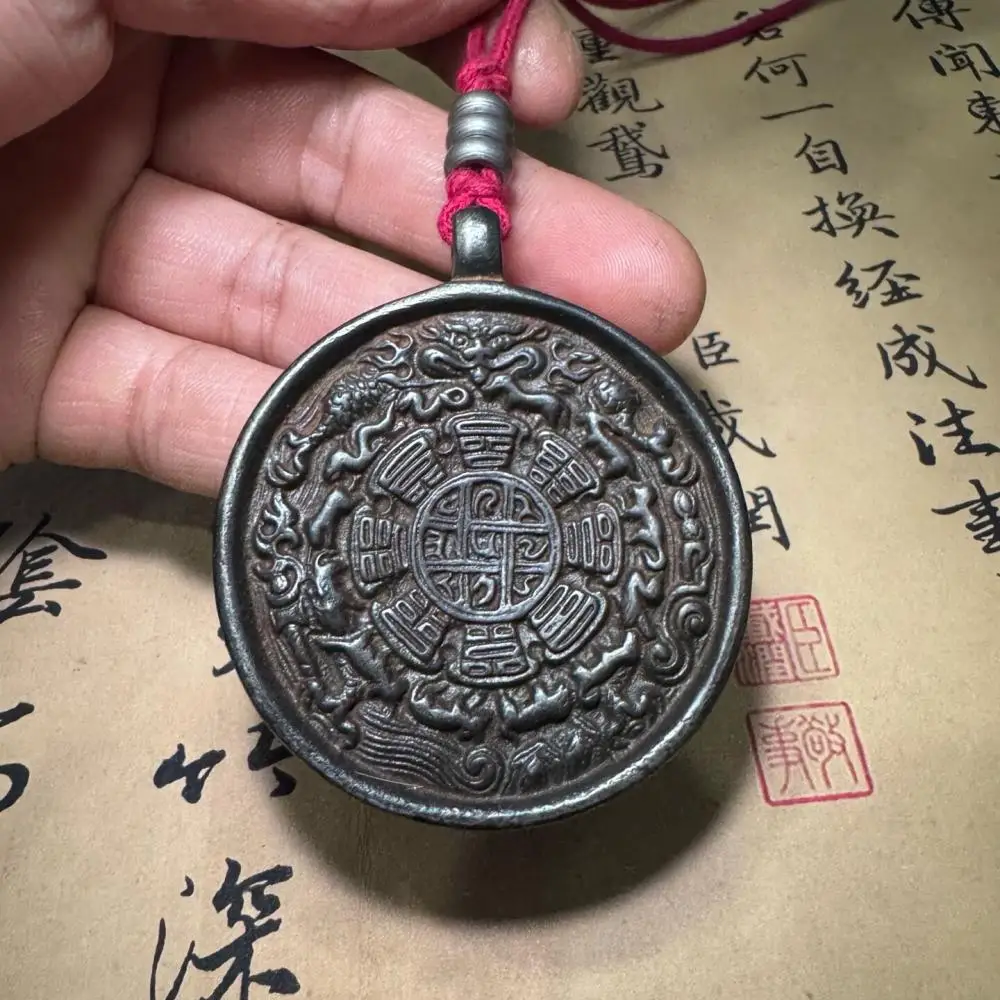 Tibetan Thokcha Nine Palaces Bagua Pendant Black Patina Iron Amulet Plaque Zodiac Protection Talisman Curio Hanging Ornament