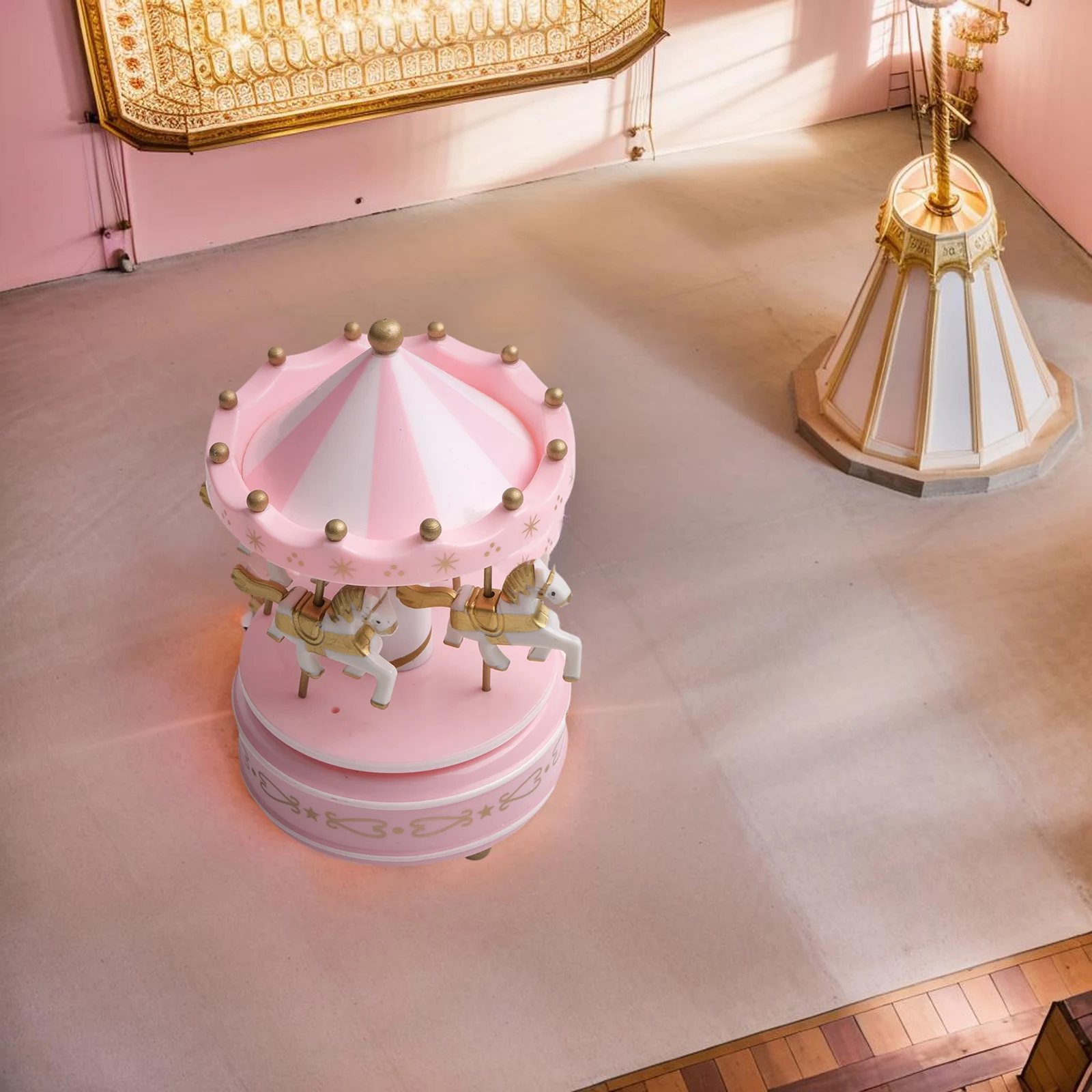 Caja de música artesanal con rotación giratoria, características azules, madera rosa Vintage, caballo redondo, Navidad, cumpleaños, rotación giratoria