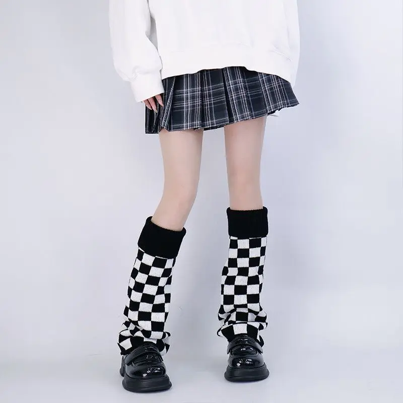 Black White Checkered Leg Warmers Knit Slouchy Socks Harajuku Gothic Style Boot Covers for JK Cosplay