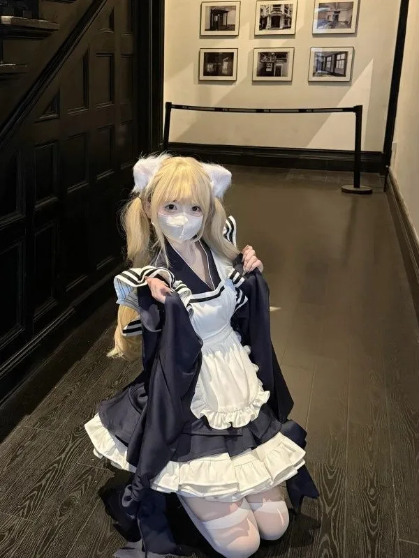 

Black White Contrast Color Maid Uniform Lolita Skirt Set with Apron And Pinafore Long Sleeve Zipper Fashionable Women's Outfit