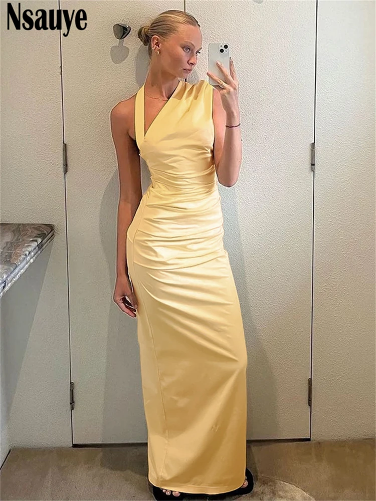 

Nsauye Irregular Elegant Dress Long New Fashion Women Maxi Bodycon Yellow Sexy Night Club Evening Party Dress Summer Outfit 2025