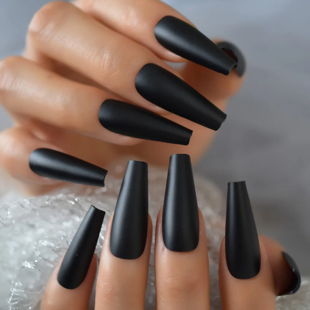 Solid Black Super Long Fake Nail Coffin Matte Press on Nails Frosted Ballerina Acryl Falsche Nägel Tipps Cosplay Party Salon Lady