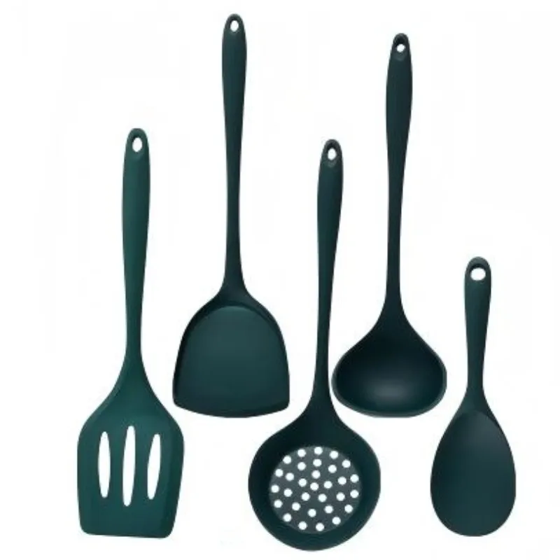 5 قطعة الغذاء الصف سيليكون أواني المطبخ مجموعة مقاومة للحرارة غير عصا ملعقة مغرفة مشقوق ملعقة أدوات الطبخ الأخضر #5
