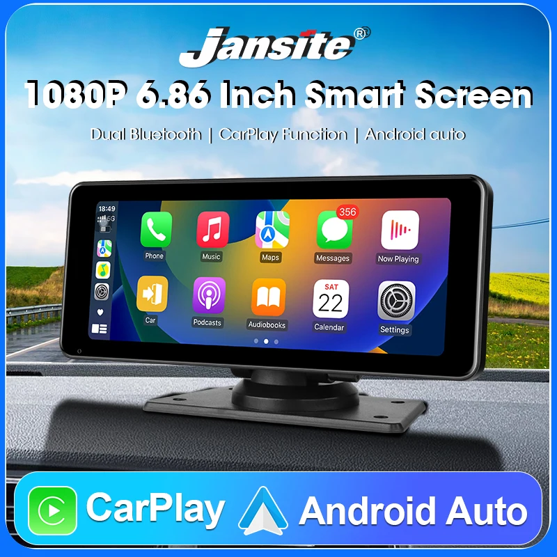 Jansite 6.86 Inch Car DVR Carplay Android Auto 1080P Rear Camera Voice Control GPS Recorder Dual Lens Head Unit USB AUX