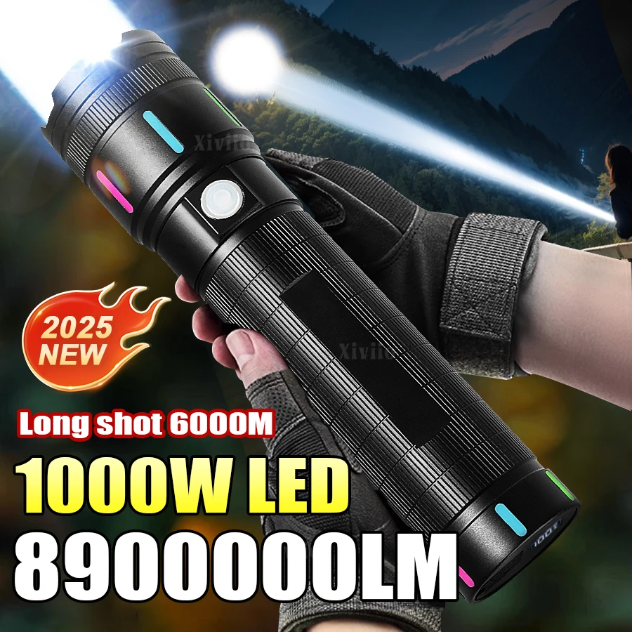 

1000W LED High Power Flashlight 8900000LM Long Shot 6000M Strong Light Tactical Torch Aluminum Alloy Self Defense Camping Hiking