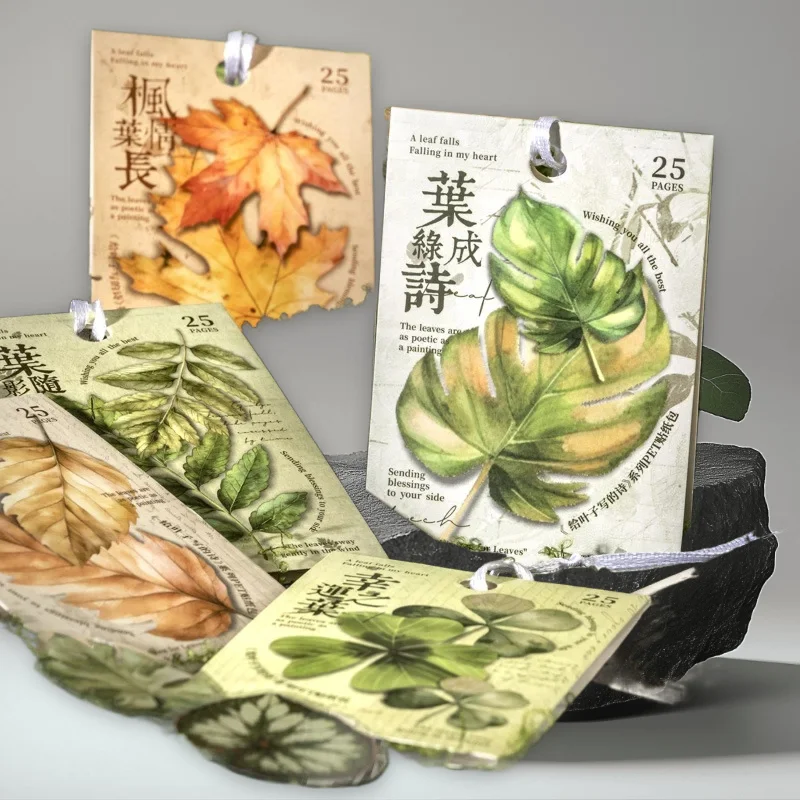 Poèmes pour feuilles série paquet d'autocollants irréguliers en PET 6 thèmes de feuilles 25 pièces décor botanique romantique pour journaux