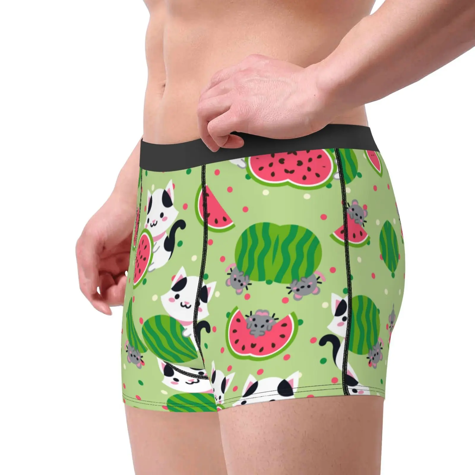 Watermelon Cat Summer Cartoon Underwear Male Underpants Double Sides Printed Soft Breathable Machine Wash Boxers Print