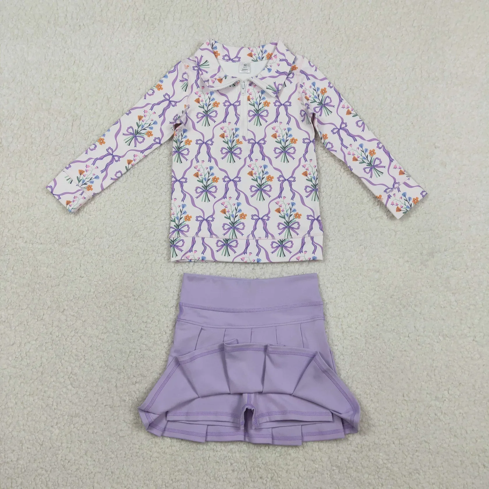 Wholesale Baby Girl Long Sleeve Flower Bows Zipper Shirt Kids Purple Skirt Shorts Yoga Outfit Toddler Children Sportswear Set