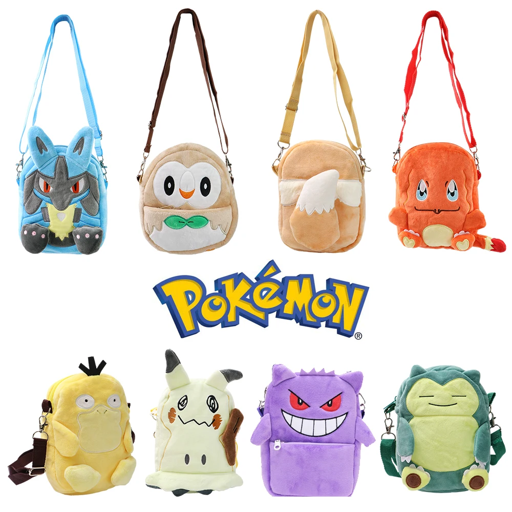 

New Pokemon Plush Shoulder Bag Gengar Eevee Pikachu Lucario Charmander Snorlax Psyduck Soft Stuffed Purse Storage Birthday Gifts