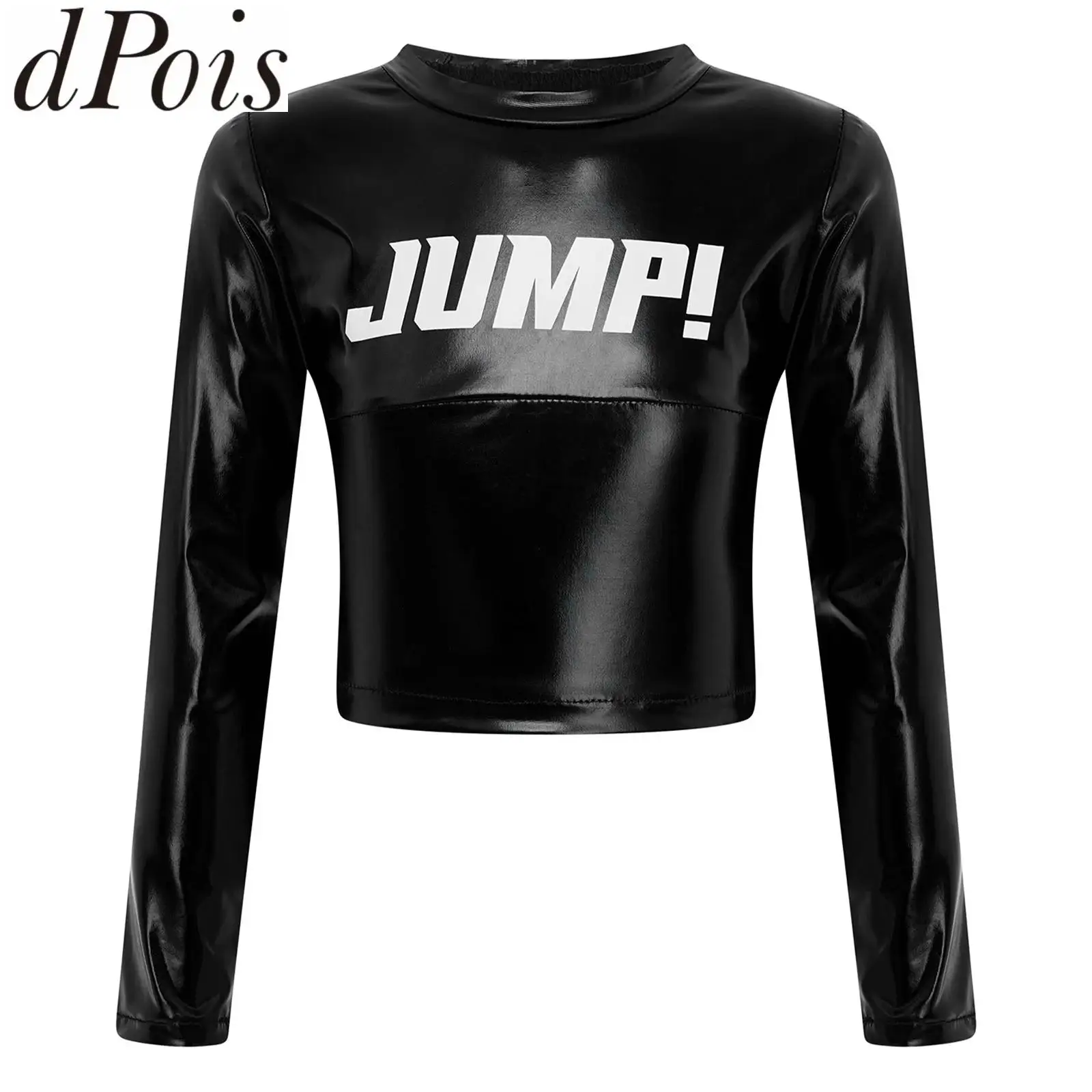 Kids Girls Shiny Hip-Hop Jazz Dance Costume Crop Top Round Neck Long Sleeve Letter Print Metallic Shirts Modern Street Dancewear