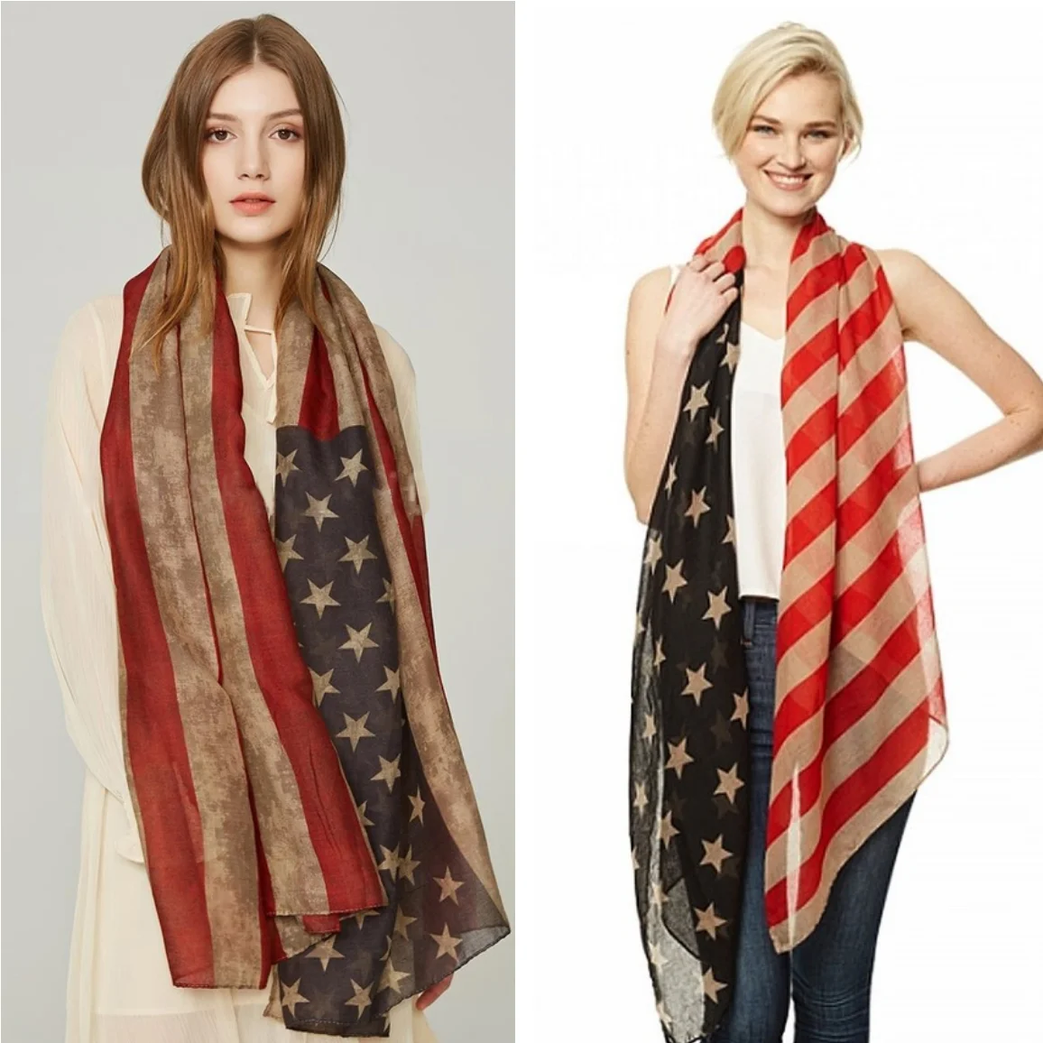 Fashion American Flag Oblong Scarfs Patriotic Stars Print Shawl Voile Soft Wrap Geometric Stripes Scarf