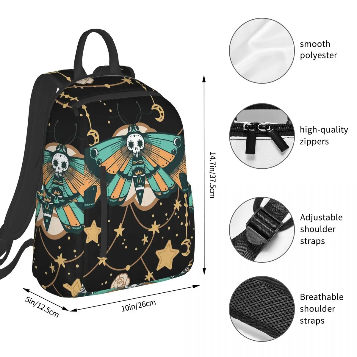 Gothic Moth And Skull Starry Night Backpack Student BookBag Kids School Bag Laptop Shoulder Bags Men Women