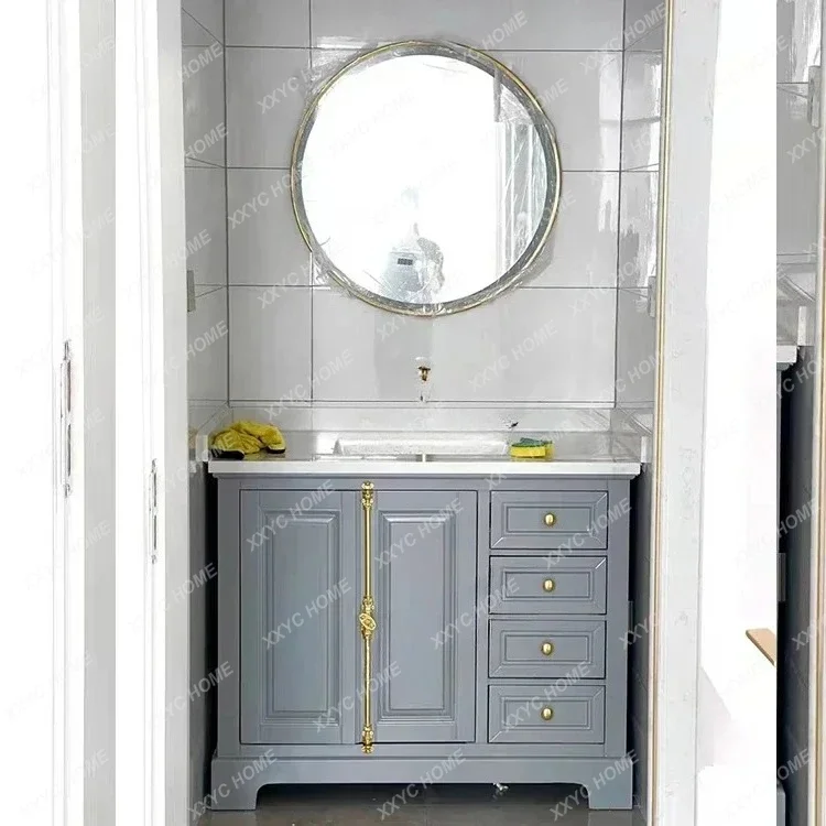 HMJ  Light Luxury Bathroom Cabinet Combination Solid Wood Floor-Standing Bathroom Cabinet Bathroom Table Cabinet