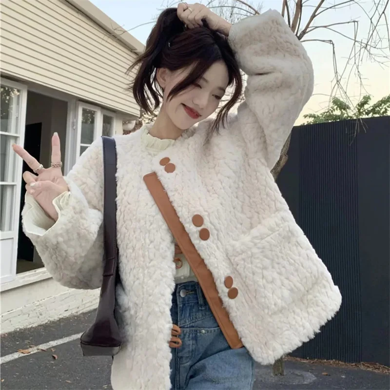 

Pink Fragrant Lamb Wool Coat Female Autumn Winter 2023 New Jacket Temperament Imitation Fur Outerwear Loose Furry Overcoat Women