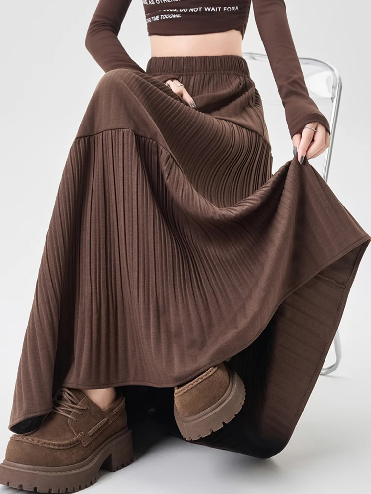 Vintage Casual Long Skirt Women Autumn Loose High Waist Pleated Skirts Korean Retro Office Lady Elegant Patchwork Female Skirts