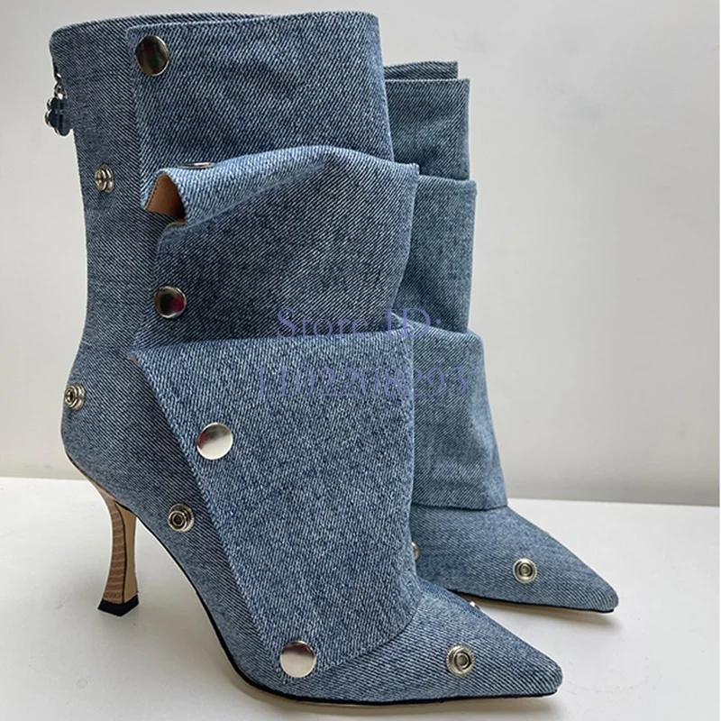 Metal Rivet Pointed Toe PU High Heel Boots Patchwork Pleated Stiletto Low Rise Boots Denim Women Slip-on Modern Shoes 2024