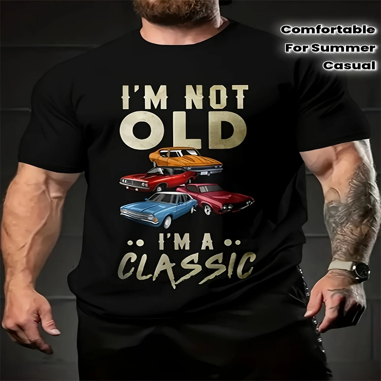Men'S Trendy Casual And Fashionable Sports T-Shirt, Cool in Summer, with Various Colors, Car Print Patterns, Comfortable Short-Sleeved, Regular Round-Neck Outdoor Top Everyday Wear Shirt, Art Print Tshirt