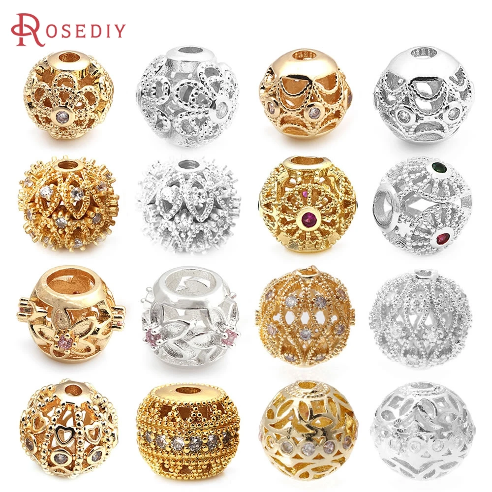 

18K Gold Color Brass with Zircon Hollow Round Spacer Beads Bracelets Beads High Quality Jewelry Making Supplies