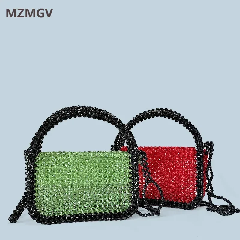

New Arrivals Fashion Color Contrast Transparent Acrylic Beaded Handbag Hand-woven Black Flower Chain Crossbody Evening Bag 2025