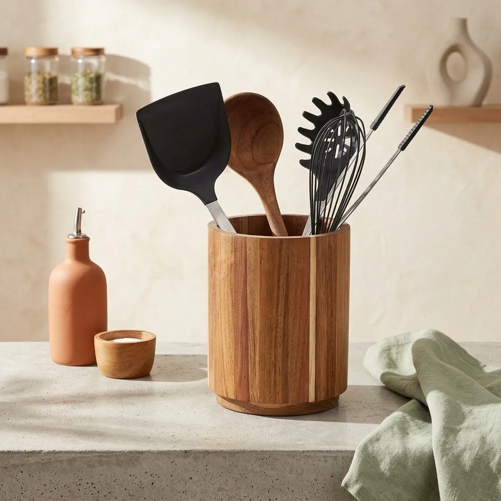 Rotating Solid Natural Wood Kitchen Organizer Rustic Cutlery Holder Large Capacity Storage Caddy Easy Carry Cook Tool Container