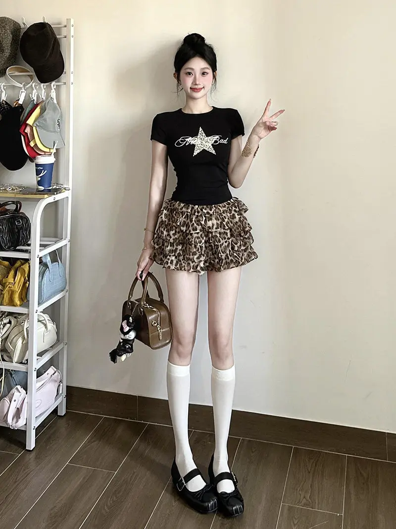 

Sweet And Spicy Leopard Print Puffy Half Skirt for Women Summer plus Size Korean Style Slimming A-Line Cake Skirt
