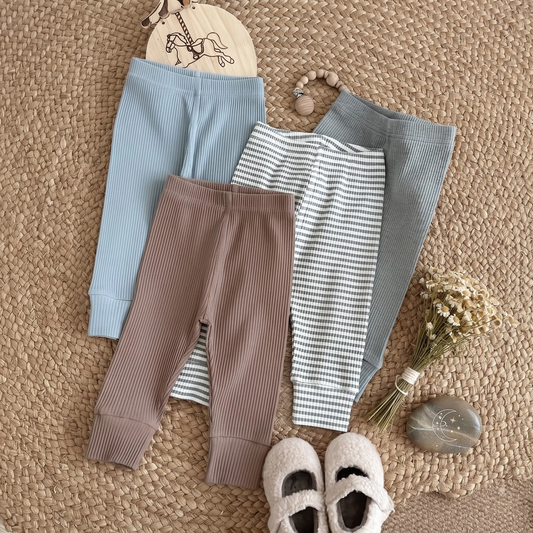 Baby Newborn Items 4‑Pack Ribbed Leggings Set, Multi‑Color Solid Plaid Elastic Infant High Stretch Cuffed Trousers