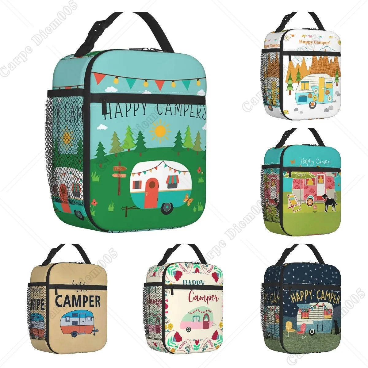 Adventure Camper Happy Camp Insulated Lunch Bag Women Portable Cartoon RV Van Life Cooler Thermal Bento Box Kids School Children