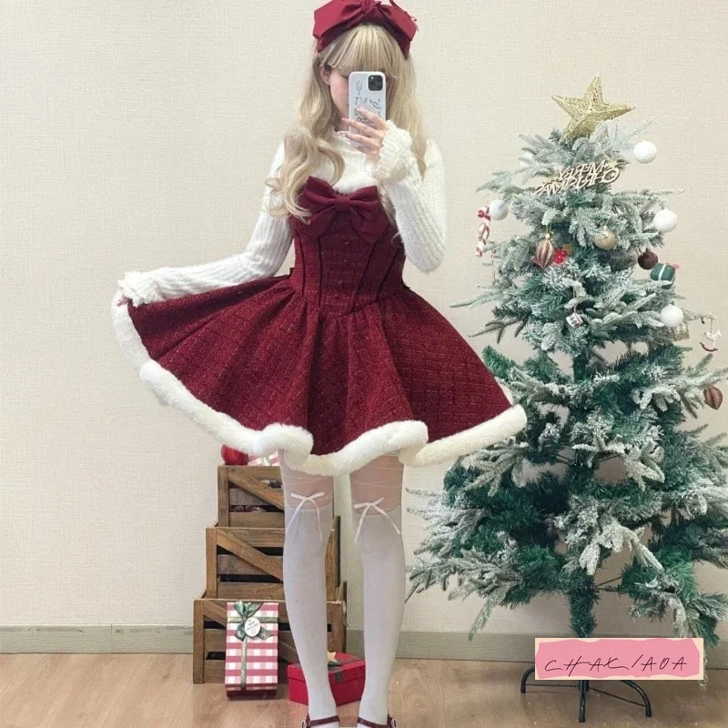 Christmas and New Year Wear Cute Bow Plush Shawl Jacket Short Jacket Mini Skirt Set Elegant Sweet Fresh Lolita Style Dress Women