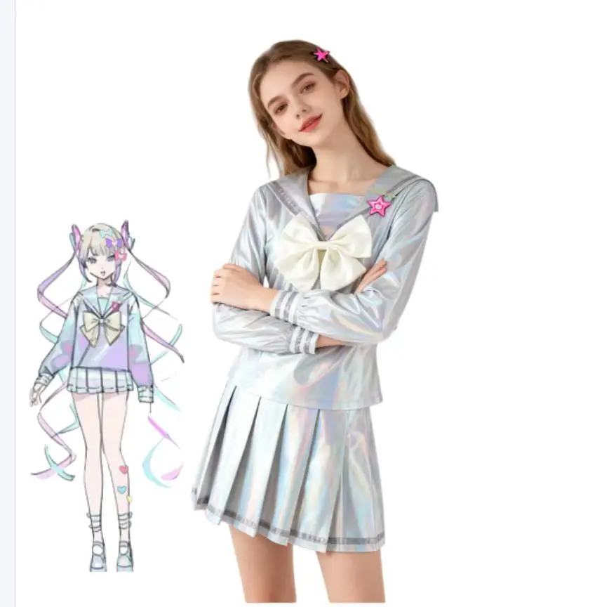 

KAngel Game Needy Girl Overdose Cosplay Costume Girls' Daily Campus JK Laser Leather Uniform and Wig Full Set Comic Con Outfit