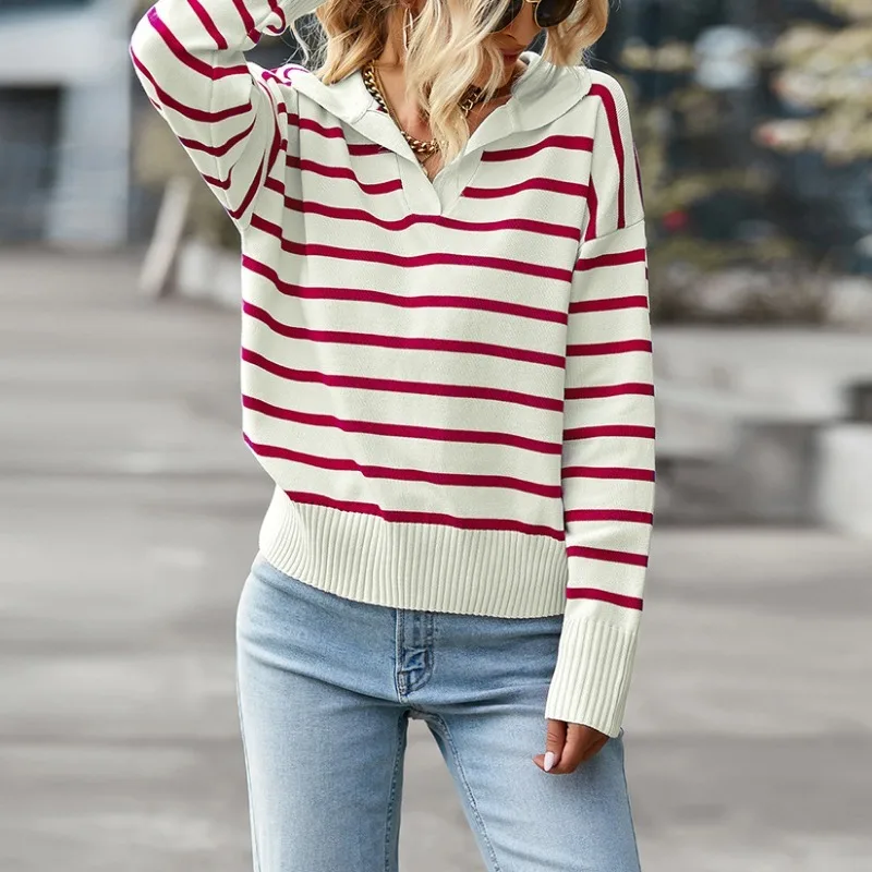 2024 New Women Striped Casual Sweater Soft Top Temperament Commuting Women's Clothes Fashion Long Sleeve  V-neck Loose Pullovers