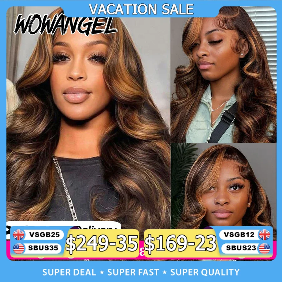 WowAngel 13x6 HD Lace Front Wigs Body Wave Human Hair Wigs 34in #2/30 Highlight Melt Skins Natural Scalp Remy Brazilian Hair