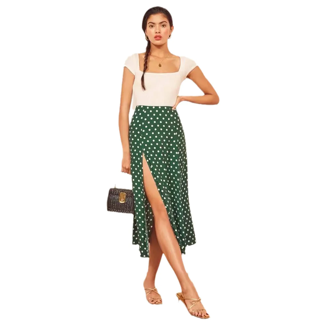 Bloemen Groene Stip Retro Rok Sexy Print Hoge Taille Side Slit Rok