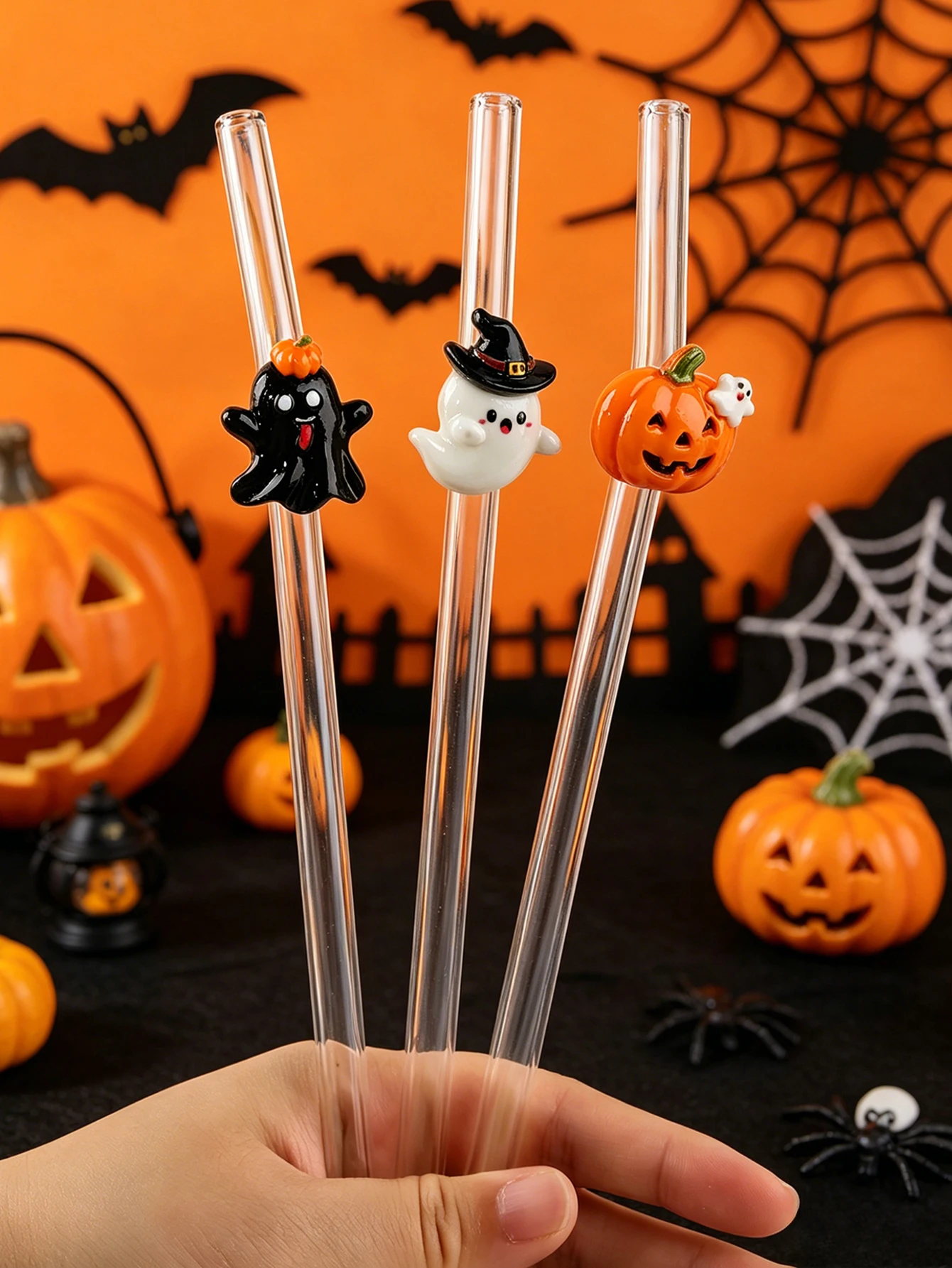 3PCS Halloween Glass Straw Pumpkin Ghost Witch Ornament, Stylish Table Accessory for Cafe & Birthday Events