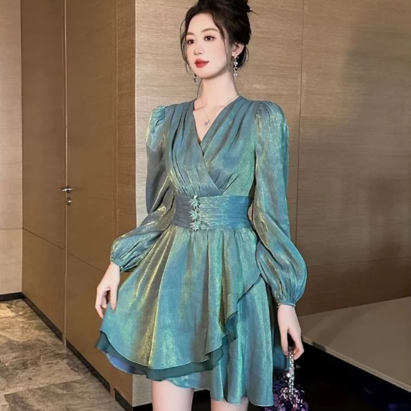 

Spring Fall Women V Neck Plated Ruffles Puff Sleeve Green Dress , High Waisted Elegant Irregular Above Knee Dresses for Woman