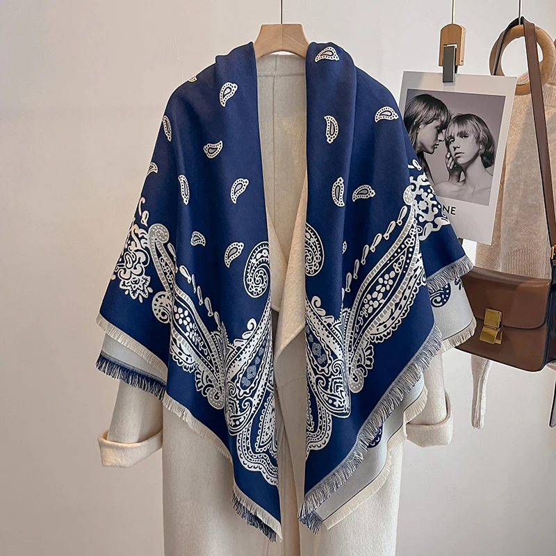 New Women's Fashion Faux Cashmere Winter Pashmina Vintage Print Tassels Thick Warm Two-Sided Scarf Outdoor Shawls Wraps Foulard